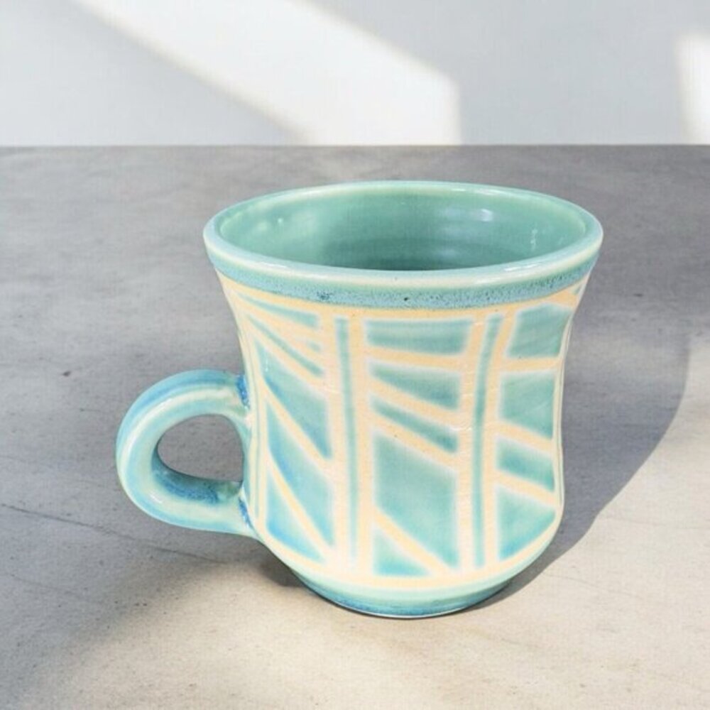 Hand Made Studio Art Pottery Coffee Mug Cup Green White Pattern Mug Vintage‎